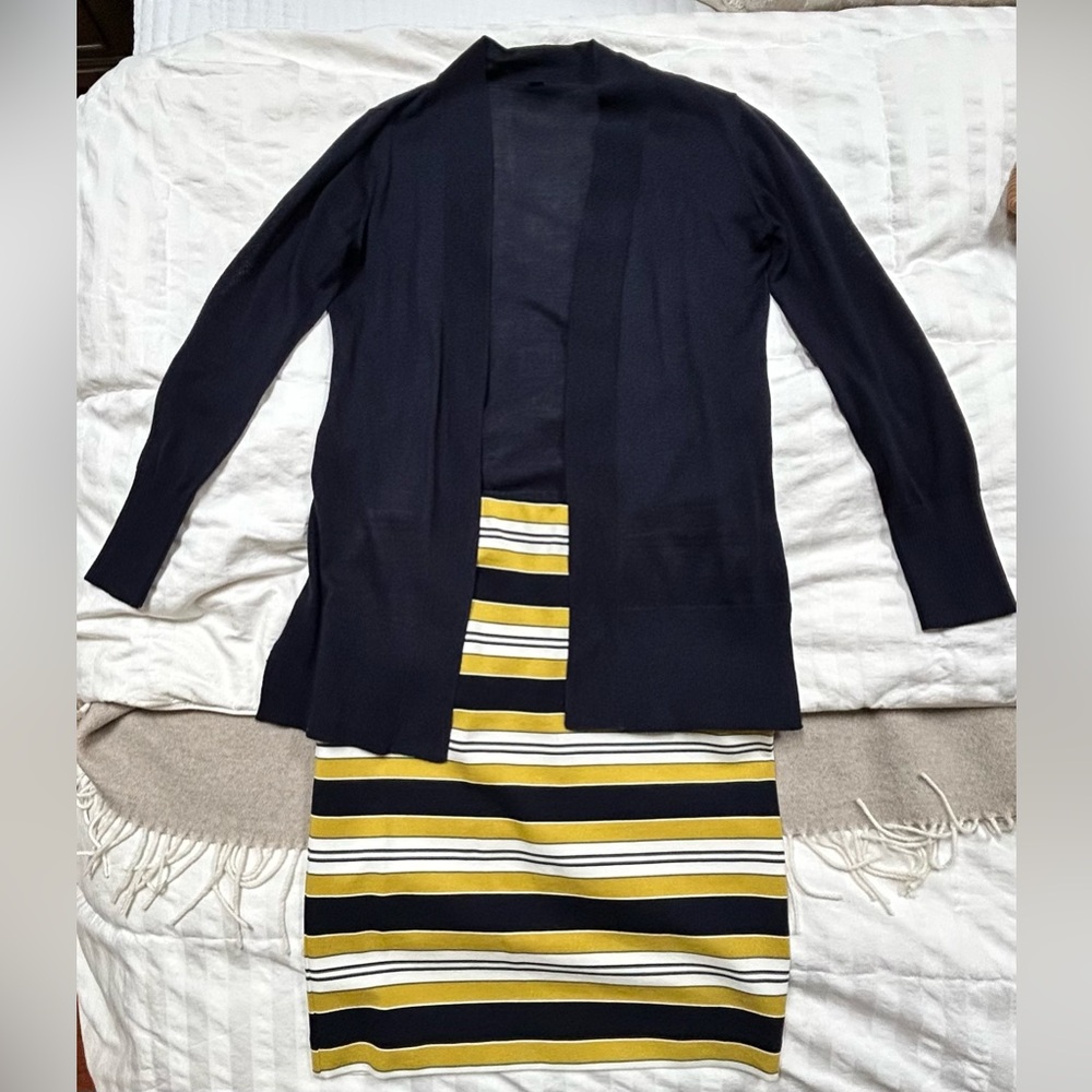 Ann Taylor Factory Navy Blue sweater S & yellow, white & blue striped skirt XS